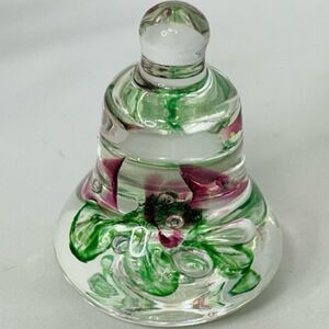 Joe Rice Vintage 1999 Paperweight Bell Shape Pink Green Swirl Art Glass Flower 3